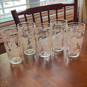 Vintage Hazel Atlas Glass White Grapes Vines Set of 5 Drinking Tumblers 5” Tall